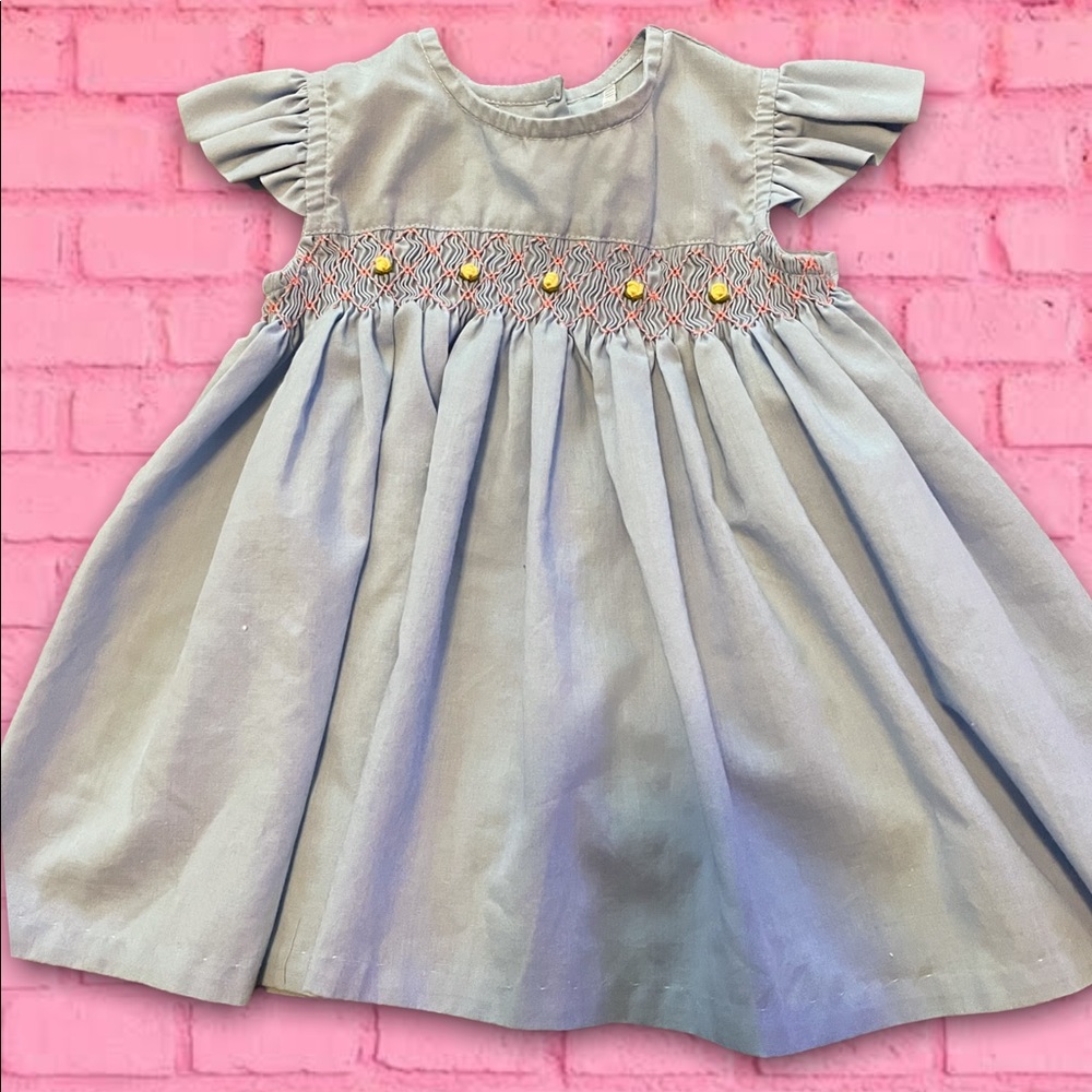 Petit Ami Hand Embroidered Smocked Blue Baby Girl Dress Newborn